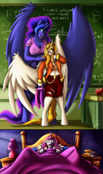 Size: 1038x1750 | Tagged: safe, alternate version, artist:jamescorck, derpibooru import, part of a set, daybreaker, princess celestia, princess luna, oc, oc:dyx, alicorn, anthro, age regression, alternate mane color, bad dream, bed, bedroom, breasts, chalkboard, classroom, cleavage, clothes, college, ears, female, floppy ears, freckles, introduction, messy mane, midriff, one wing out, open mouth, pink-mane celestia, pinpoint eyes, principal and student, role reversal, school, school uniform, siblings, sisters, skirt, smiling, torn clothes, waking up, wide eyes, wings