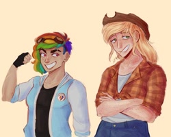 Size: 640x512 | Tagged: safe, artist:pierroid, derpibooru import, applejack, rainbow dash, human, applejack's hat, blue jeans, clothes, cowboy hat, cream background, crossed arms, cutie mark on clothes, duo, duo female, ear piercing, earring, female, fingerless gloves, gloves, goggles on head, hat, humanized, jacket, jewelry, no pupils, piercing, plaid shirt, reddit, scar, shirt, simple background, straw in mouth, varsity jacket