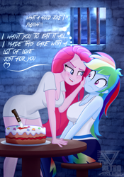 Size: 2130x3048 | Tagged: safe, artist:theretroart88, derpibooru import, pinkie pie, rainbow dash, equestria girls, bare shoulders, breasts, cake, food, halloween, holiday, jail cell, knife, open mouth, pinkamena diane pie, sleeveless