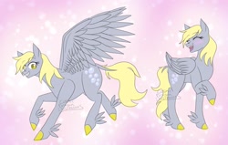 Size: 1881x1200 | Tagged: safe, artist:cosmicdragonkay, derpibooru import, derpy hooves, pegasus, pony, colored hooves, eyebrows, eyebrows visible through hair, eyes closed, feathered fetlocks, female, folded wings, laughing, leonine tail, open mouth, open smile, raised hoof, raised leg, smiling, solo, spread wings, tail, wings