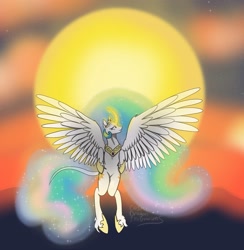 Size: 1305x1337 | Tagged: safe, artist:cosmicdragonkay, derpibooru import, princess celestia, alicorn, classical unicorn, pony, g4, female, glowing, glowing horn, horn, jewelry, leonine tail, mare, raising the sun, regalia, solo, spread wings, sun, unshorn fetlocks, wings