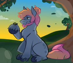 Size: 1500x1300 | Tagged: safe, artist:kardevour, derpibooru import, oc, oc only, oc:junup, beetle, insect, pony, gift art, glasses, grass, leaves, ponytail, sitting, smiling, solo, sunset, tree