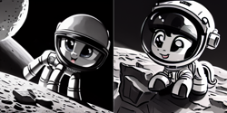 Size: 1024x512 | Tagged: safe, derpibooru import, editor:paracompact, generator:purplesmart.ai, generator:stable diffusion, machine learning assisted, machine learning generated, pony, astronaut, cute, monochrome, moon, random pony, space helmet