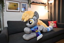 Size: 3000x2000 | Tagged: safe, artist:lanacraft, derpibooru import, derpy hooves, pegasus, pony, 4chan cup scarf, clothes, female, irl, life size, lying down, mare, photo, plushie, scarf