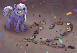 Size: 2100x1451 | Tagged: safe, artist:swasfews, derpibooru import, limestone pie, earth pony, pony, chest fluff, confetti, cutie mark, ear fluff, ears, eyelashes, female, green eyes, mare, mlp fim's twelfth anniversary, rock, scar, solo, tail