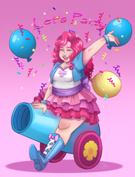 Size: 1250x1630 | Tagged: safe, artist:toxiccolour, derpibooru import, pinkie pie, human, balloon, boots, chubby, clothes, confetti, cute, diapinkes, female, humanized, open mouth, party cannon, pink background, shirt, shoes, simple background, skirt, solo, t-shirt, vest