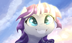 Size: 3000x1807 | Tagged: safe, artist:shaslan, derpibooru import, twilight velvet, pony, unicorn, bust, cloud, female, grin, mare, portrait, sky, smiling, solo