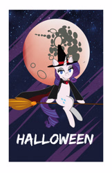 Size: 3300x5100 | Tagged: safe, artist:bronybran, derpibooru import, rarity, pony, unicorn, broom, flying, flying broomstick, halloween, hat, holiday, mare in the moon, moon, solo, witch, witch costume, witch hat