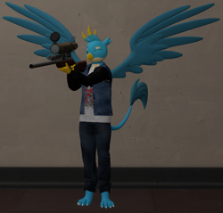 Size: 1131x1080 | Tagged: safe, artist:ponygamer2020, artist:ponygamersfm, derpibooru import, gallus, anthro, digitigrade anthro, griffon, 3d, claws, clothes, criatures fortress 2, gun, jacket, male, pants, paws, pose, rifle, sniper, sniper rifle, solo, source filmmaker, spread wings, tail, team fortress 2, that griffon sure does love weapons, weapon, wings