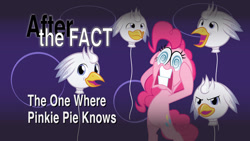 Size: 1024x576 | Tagged: safe, artist:mlp-silver-quill, derpibooru import, pinkie pie, oc, oc:silver quill, the one where pinkie pie knows, after the fact, swirly eyes, title card