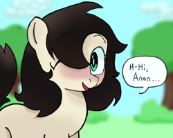 Size: 1000x800 | Tagged: safe, artist:kid wizard, artist:kidwizard, derpibooru import, oc, oc only, oc:floor bored, earth pony, pony, blushing, dialogue, female, hair over one eye, implied anon, looking at you, mare, one eye closed, open mouth, open smile, smiling, solo, speech bubble, talking to viewer, tree, wink