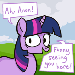 Size: 1000x1000 | Tagged: safe, artist:kid wizard, artist:kidwizard, derpibooru import, twilight sparkle, unicorn twilight, pony, unicorn, dialogue, female, implied anon, looking at you, mare, offscreen character, open mouth, open smile, smiling, solo, speech bubble, talking to viewer