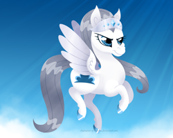 Size: 3000x2400 | Tagged: safe, artist:champion-of-namira, derpibooru import, oc, oc only, oc:silverline, pegasus, pony, cloud, crepuscular rays, flying, high res, pegasus oc, signature, sky, smiling, smirk, solo, spread wings, wings