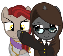 Size: 2683x2376 | Tagged: safe, artist:mlpmvguy, derpibooru import, oc, oc:lawkeeper equity, oc:sonata, earth pony, pony, unicorn, angry, armor, boop, clothes, cross-popping veins, elements of justice, emanata, female, glasses, mare, simple background, smiling, smug, solo, suit, transparent background, turnabout storm, vector