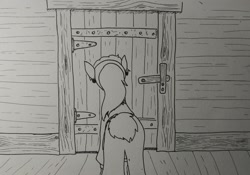 Size: 2048x1430 | Tagged: safe, artist:pony quarantine, derpibooru import, oc, oc only, oc:bo, earth pony, pony, butt, door, facing away, female, grayscale, mare, monochrome, plot, solo, traditional art