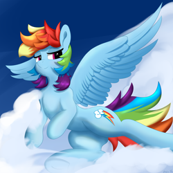 Size: 4096x4096 | Tagged: safe, artist:leoliu0491, derpibooru import, rainbow dash, pegasus, pony, absurd resolution, backwards cutie mark, cloud, cute, dashabetes, female, flying, looking at you, mare, smiling, solo, spread wings, wings