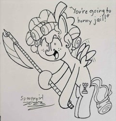 Size: 1500x1563 | Tagged: safe, artist:spoopygirl, derpibooru import, cozy glow, pegasus, pony, axe, horny jail, lineart, pen drawing, signature, solo, text, traditional art, weapon