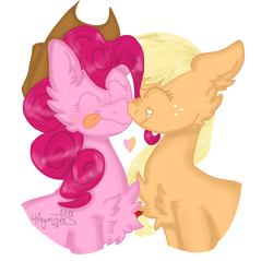 Size: 1138x1090 | Tagged: safe, artist:4agonism, derpibooru import, applejack, pinkie pie, earth pony, pony, accessory swap, applejack's hat, applepie, boop, cheek fluff, chest fluff, clothes, cowboy hat, duo, female, freckles, grin, hat, hatless, heart, lesbian, mare, missing accessory, nose wrinkle, noseboop, shipping, simple background, smiling, tongue, tongue out, white background