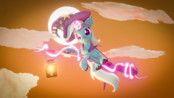 Size: 3840x2160 | Tagged: safe, artist:featray, derpibooru import, trixie, pony, unicorn, 3d, blender, broom, cloud, female, flying, flying broomstick, halloween, holiday, lantern, looking at you, mare, sky, solo, unshorn fetlocks