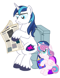 Size: 1146x1475 | Tagged: safe, anonymous artist, derpibooru import, princess flurry heart, shining armor, alicorn, pony, unicorn, book, but why, father and child, father and daughter, female, implied pooping, male, newspaper, parent and child, potty, potty time, potty training, sitting, sitting on toilet, toilet