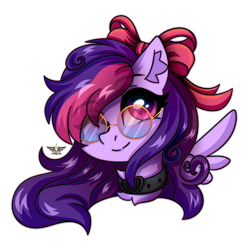 Size: 2500x2500 | Tagged: safe, artist:stormcloud, derpibooru import, oc, oc only, oc:mila, pegasus, pony, bow, bust, cheek fluff, collar, ear fluff, ears, eye clipping through hair, eyebrows, eyebrows visible through hair, female, floating wings, glasses, hair bow, looking at you, mare, one eye closed, pegasus oc, portrait, simple background, smiling, smiling at you, solo, sunglasses, transparent background, two toned mane, wings, wink, winking at you