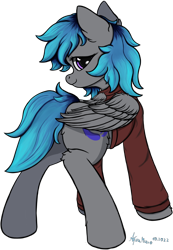 Size: 1550x2235 | Tagged: safe, alternate version, artist:aquamuro, derpibooru import, oc, oc only, oc:overhaul, pegasus, pony, clothes, colored sketch, cute, female, fluffy, gradient mane, hoodie, looking at you, looking back, looking back at you, mare, multicolored hair, pegasus oc, rear view, signature, simple background, sketch, smiling, solo, transparent background, wings