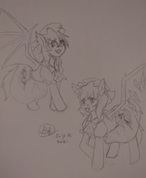 Size: 540x655 | Tagged: safe, artist:mintyflan2002, derpibooru import, bat pony, pony, clothes, dress, female, flandre scarlet, mare, monochrome, ponified, remilia scarlet, touhou, traditional art