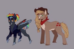 Size: 640x430 | Tagged: safe, artist:pierroid, derpibooru import, applejack, rainbow dash, earth pony, pegasus, alternate hair color, applejack's hat, bandana, braid, clothes, coat markings, colored ears, colored eyebrows, colored hooves, colored wings, cowboy hat, duo, duo female, female, freckles, goggles on head, gray background, hat, mare, multicolored hair, multicolored wings, no eyelashes, no pupils, rainbow hair, reddit, redesign, shirt, simple background, unshorn fetlocks, wings