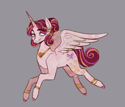 Size: 640x545 | Tagged: safe, artist:pierroid, derpibooru import, princess cadance, alicorn, crystal pony, alternate cutie mark, alternate hair color, alternate hairstyle, colored hooves, crystal alicorn, female, gray background, horn, horn ring, jewelry, laurel wreath, leg bracelet, mare, partially open wings, reddit, redesign, regalia, ring, simple background, solo, wings, wreath