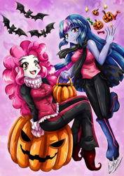 Size: 1000x1414 | Tagged: safe, artist:yukariasano, derpibooru import, pinkie pie, twilight sparkle, bat, equestria girls, ponies of dark water, clothes, clown, commission, corrupted twilight sparkle, costume, duo, female, halloween, holiday, jack-o-lantern, makeup, pinkie joker, pumpkin, tyrant sparkle