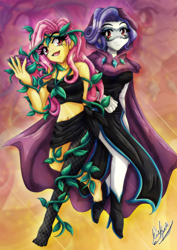 Size: 1000x1414 | Tagged: safe, artist:yukariasano, derpibooru import, fluttershy, rarity, equestria girls, ponies of dark water, clothes, commission, doctor doomity, duo, female, mask, midriff, poison ivyshy