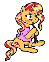 Size: 1154x1463 | Tagged: safe, derpibooru import, sunset shimmer, pony, unicorn, clarinet, female, musical instrument, simple background, solo, white background