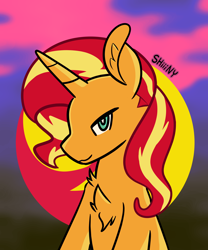 Size: 2500x3000 | Tagged: safe, alternate version, artist:shiiiny, derpibooru import, sunset shimmer, unicorn, g4, bust, chest fluff, female, mare, portrait, smiling, smirk, solo