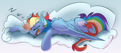 Size: 2500x1100 | Tagged: safe, artist:starcasteclipse, derpibooru import, rainbow dash, pegasus, pony, backwards cutie mark, cloud, drool, ear fluff, ears, eyes closed, female, mare, on a cloud, onomatopoeia, open mouth, sleeping, snoring, solo, sound effects, wing fluff, wings, zzz