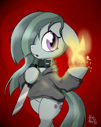 Size: 640x800 | Tagged: safe, artist:a.s.e, derpibooru import, marble pie, earth pony, pony, semi-anthro, clothes, female, fire, hair over one eye, hoof hold, knife, mare, solo