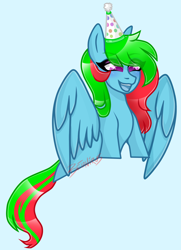Size: 1696x2349 | Tagged: safe, artist:nekomellow, derpibooru import, oc, oc:precised note, pegasus, pony, female, half body, hat, mare, open mouth, partially open wings, party hat, smiling, tail, two toned mane, two toned tail, watermark, wings