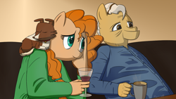 Size: 1280x720 | Tagged: safe, artist:parronist, derpibooru import, grand pear, pear butter, winona, anthro, earth pony, alcohol, father and child, father and daughter, female, male, parent and child