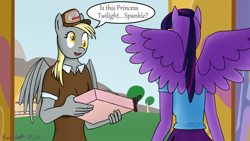 Size: 1280x720 | Tagged: safe, artist:parronist, derpibooru import, derpy hooves, twilight sparkle, twilight sparkle (alicorn), alicorn, anthro, pegasus, clothes, mailmare, package, uniform