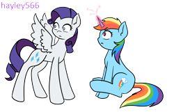 Size: 2448x1576 | Tagged: safe, artist:hayley566, derpibooru import, rainbow dash, rarity, pegasus, pony, unicorn, duo, female, glowing, glowing horn, horn, pegasus rarity, race swap, role reversal, simple background, transparent background, unicorn rainbow dash