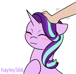 Size: 1624x1589 | Tagged: safe, artist:hayley566, derpibooru import, starlight glimmer, human, pony, unicorn, blushing, eyes closed, female, hand, petting, simple background, transparent background, wholesome