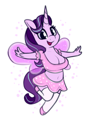 Size: 604x819 | Tagged: safe, artist:andelai, derpibooru import, starlight glimmer, anthro, unguligrade anthro, unicorn, breasts, chubby, cleavage, clothes, cute, dress, fairy, fairy wings, female, mare, midriff, simple background, solo, starlight jiggler, white background, wings