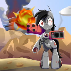 Size: 2500x2500 | Tagged: safe, artist:trackheadtherobopony, derpibooru import, oc, oc:sentry, pony, robot, robot pony, carrier, crosshair, destruction, explosion, fire, gun, pointing at you, rocket launcher, solo, team fortress 2, weapon