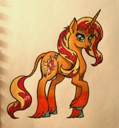 Size: 1920x2063 | Tagged: safe, artist:mesuyoru, derpibooru import, sunset shimmer, pony, unicorn, female, leonine tail, solo, tail, traditional art, unshorn fetlocks