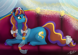 Size: 2480x1754 | Tagged: safe, artist:mesuyoru, derpibooru import, oc, oc only, oc:estela astral comet, earth pony, crown, earth pony oc, jewelry, regalia, sofa, unshorn fetlocks