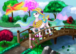 Size: 1920x1358 | Tagged: safe, artist:mesuyoru, derpibooru import, philomena, princess celestia, alicorn, phoenix, pony, bridge, cherry blossoms, flower, flower blossom, river, spring, water