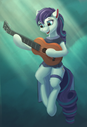 Size: 976x1417 | Tagged: safe, artist:foxpit, derpibooru import, coloratura, earth pony, pony, clothes, dress, female, guitar, happy, mare, musical instrument, open mouth, open smile, smiling, solo, solo female