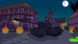 Size: 1280x720 | Tagged: safe, derpibooru import, twilight sparkle, pony, unicorn, clothes, costume, dracula, dracula (tank), halloween, halloween costume, holiday, jack-o-lantern, mare in the moon, mlp fim's twelfth anniversary, moon, night, pumpkin, red eyes, tank (vehicle), text, world of tanks, world of tanks blitz