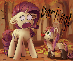 Size: 1438x1200 | Tagged: safe, artist:krista-21, derpibooru import, rarity, sweetie belle, pony, unicorn, autumn, cute, darling, diasweetes, duo, female, filly, foal, leaf, mare, messy mane, mud, muddy, siblings, sisters