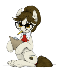 Size: 1752x2216 | Tagged: safe, artist:taytinabelle, color edit, derpibooru import, edit, editor:maonyman, writing desk, earth pony, pony, clipboard, colored, ear fluff, ears, female, glasses, hair bun, heart, heart hoof, mare, monochrome, mouth hold, necktie, not raven, pencil, simple background, sitting, sitting up, sketch, solo, underhoof, unshorn fetlocks, white background
