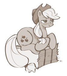 Size: 2658x3000 | Tagged: safe, artist:eunicidae, derpibooru import, applejack, bedroom eyes, cute, hat, hay bale, lying down, monochrome